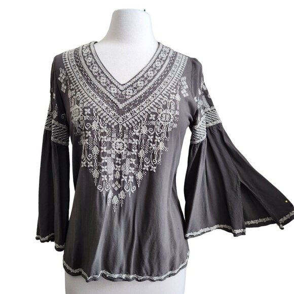 Chelsea & Theodore Womens Small Embroidered Boho Blouse‎ Bell Sleeve Brown - Picture 1 of 15